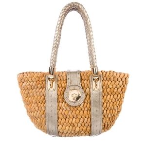 Micheal Kors Gold Hardware and Metalic Woven Leather Handles Straw Bag